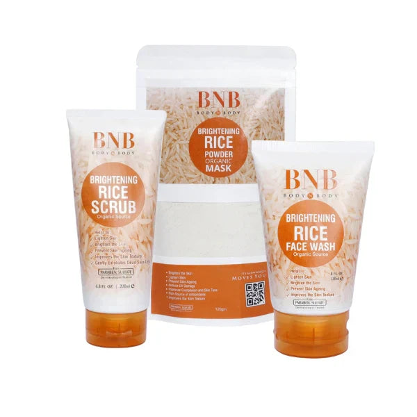 BNB Rice Extract Bright & Glow Kit ( Rice Face Wash + Rice Scrub + Rice
Mask)